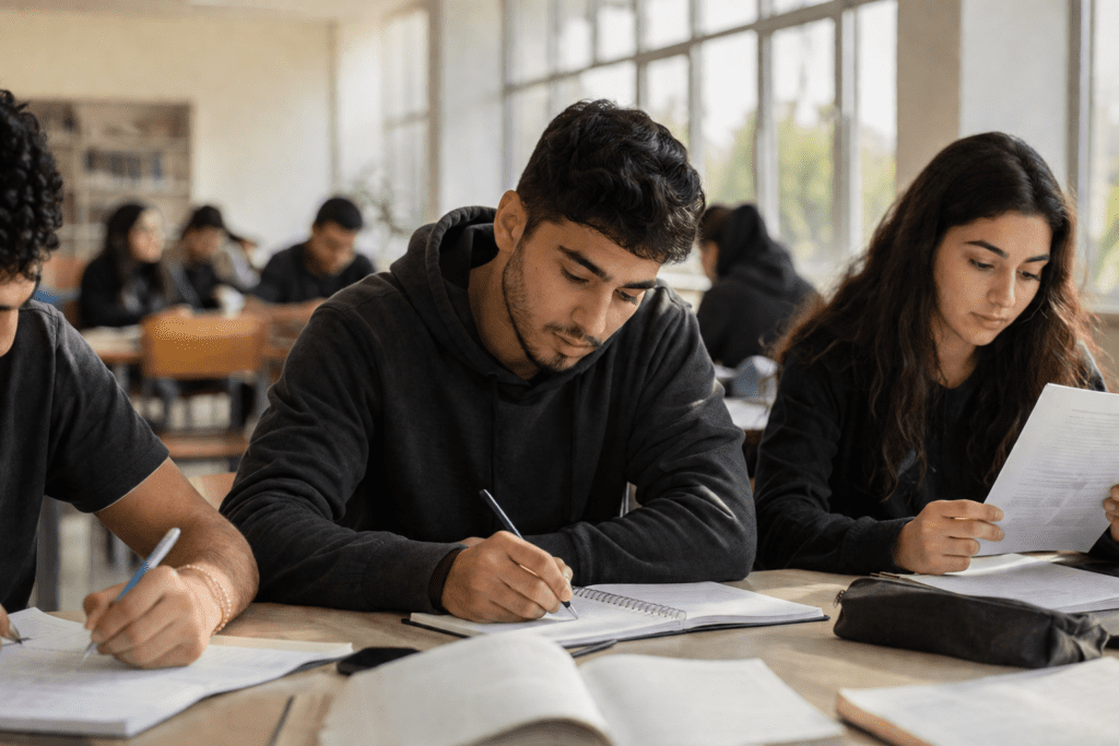 Drie studenten maken aantekeningen in een collegezaal