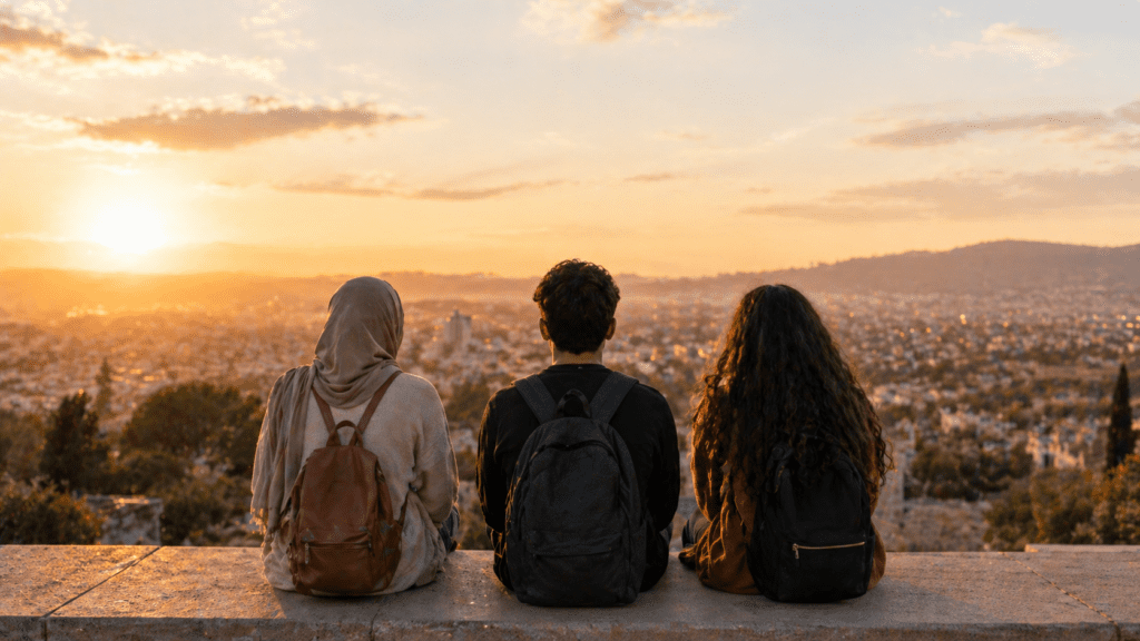 Drie jongeren met rugzakken kijken uit over een stad bij zonsondergang