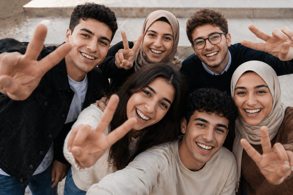Groep jonge studenten uit Palestina lacht vrolijk samen in de camera