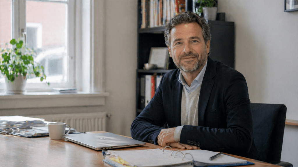 Glimlachende man achter een bureau in een professionele kantooromgeving