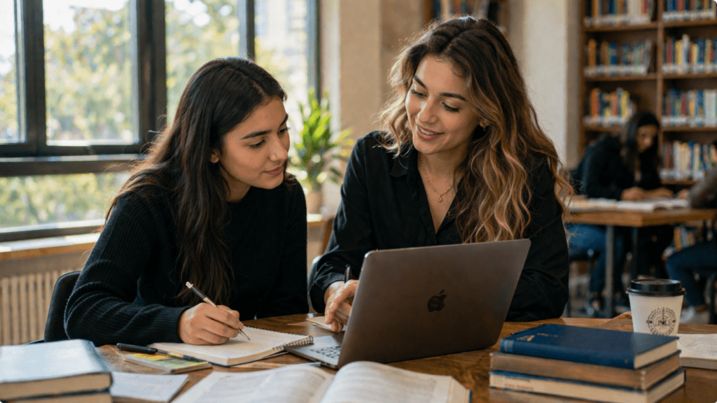 Twee studenten werken samen op een laptop aan een bureau