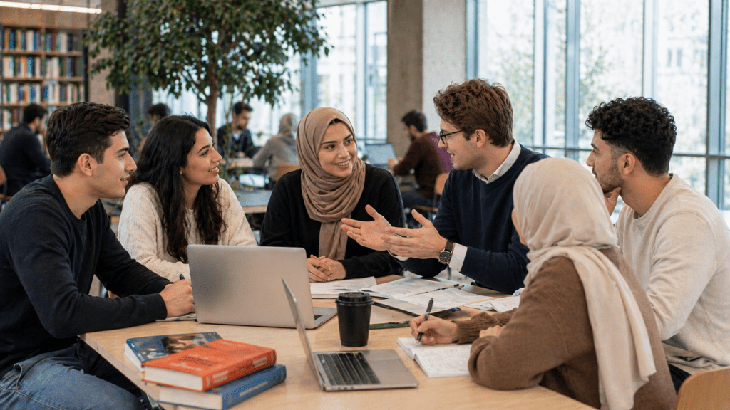 Groep professionals in overleg rond een vergadertafel in een moderne ruimte