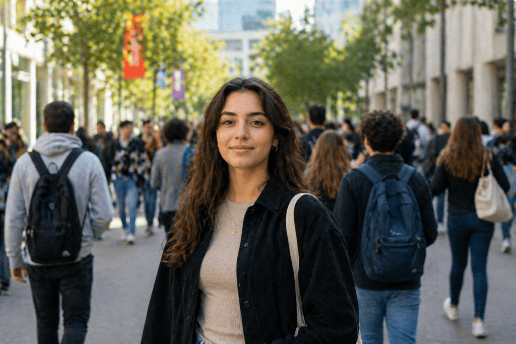 Jonge vrouw loopt zelfverzekerd op een drukke universiteitscampus