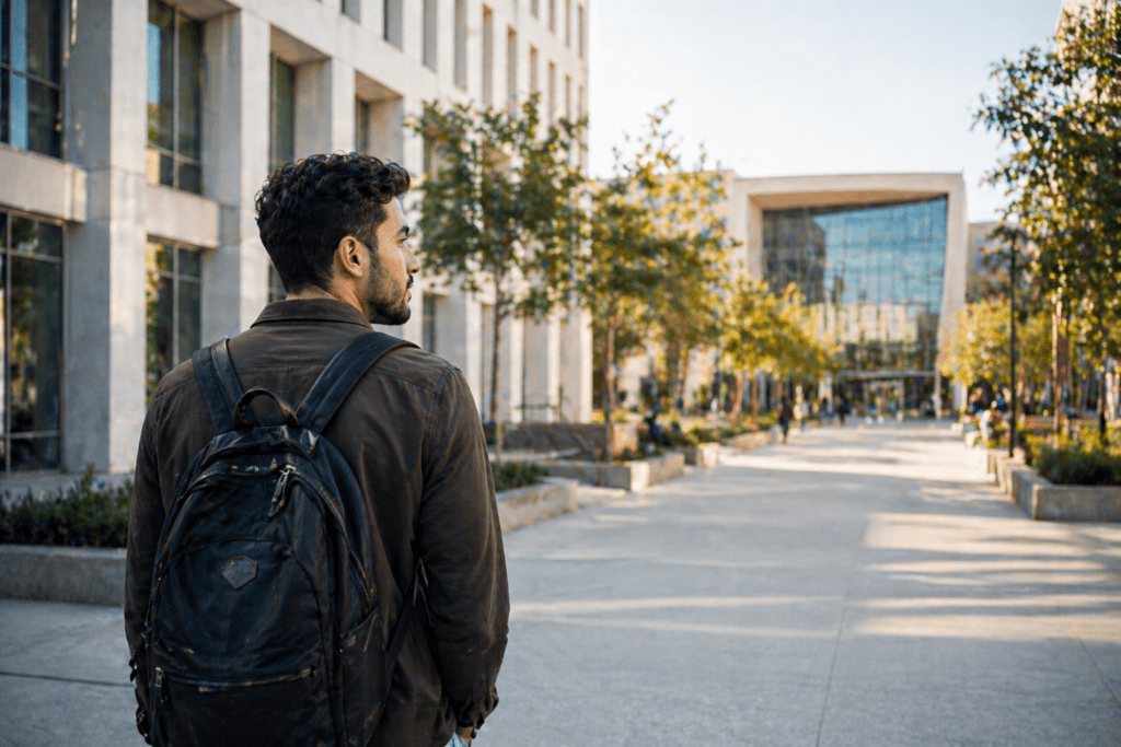 Jonge man met rugzak staat voor een modern universiteitsgebouw