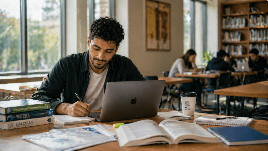 Jonge man studeert met laptop en boeken in een bibliotheek