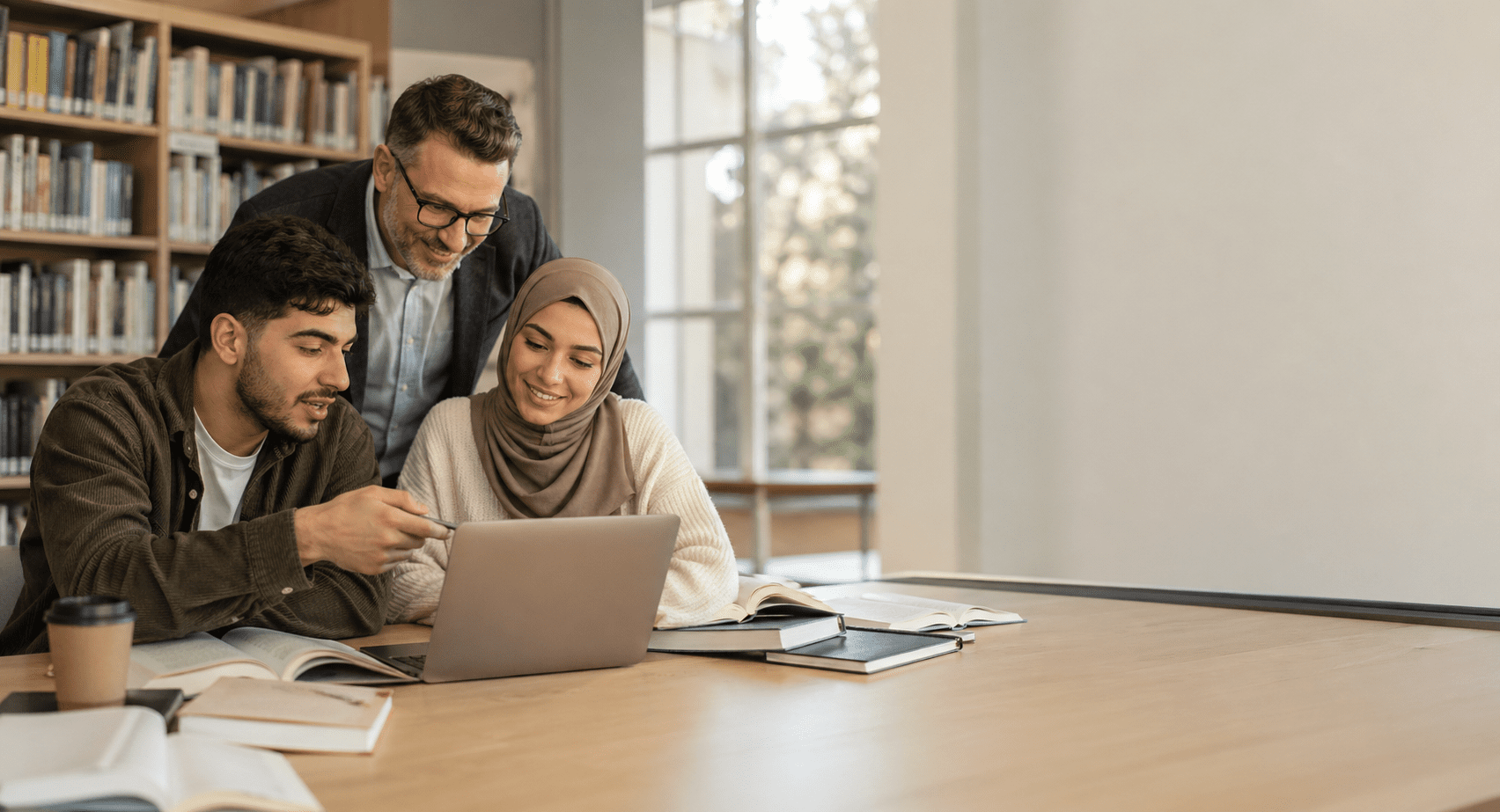 Mentor begeleidt twee jonge studenten uit Palestina bij het werken op een laptop in een bibliotheek