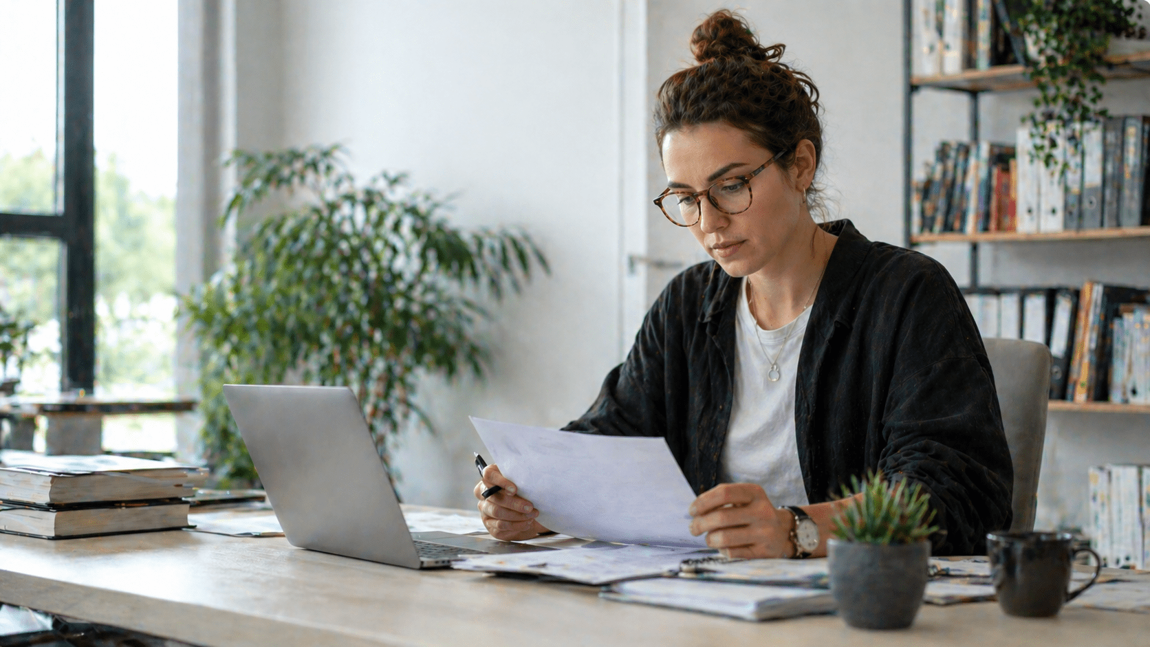 Vrouw met bril beoordeelt zorgvuldig documenten aan een bureau