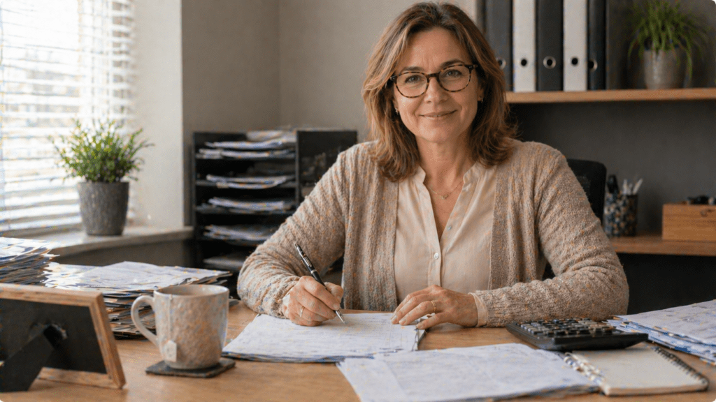 Vrouwelijke mentor met bril achter bureau in een professionele omgeving