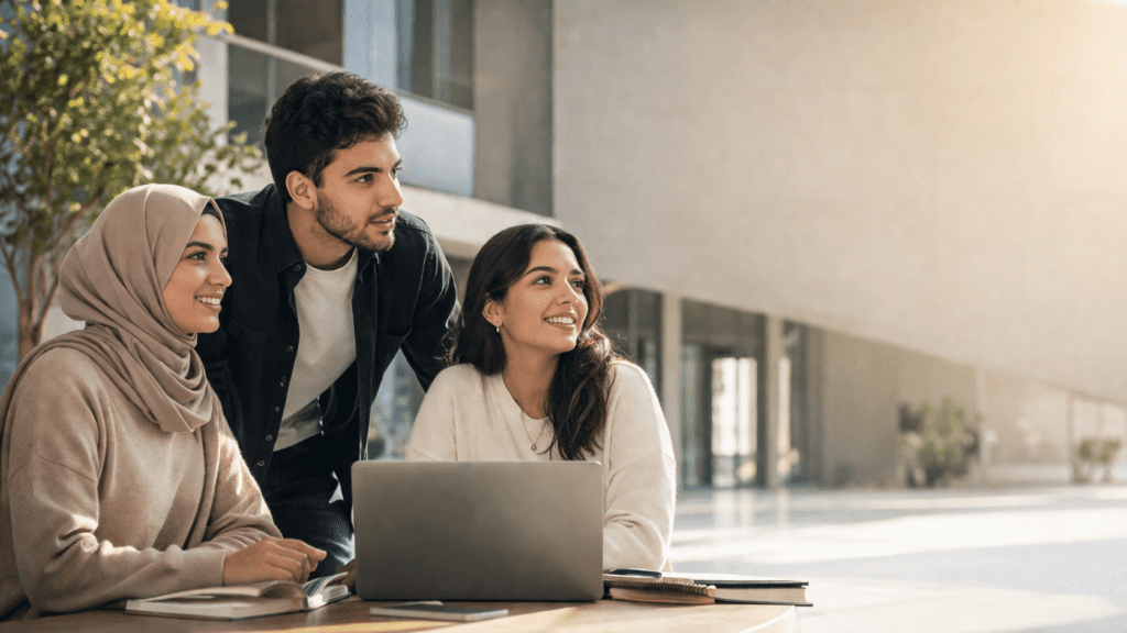 Drie jonge studenten werken samen op een laptop buiten op een zonnige dag