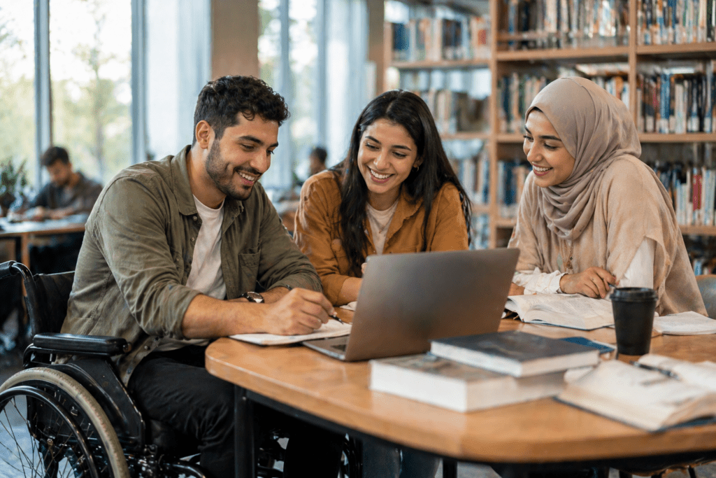 Diverse groep studenten werkt samen aan een laptop in een bibliotheek, waaronder een student in een rolstoel